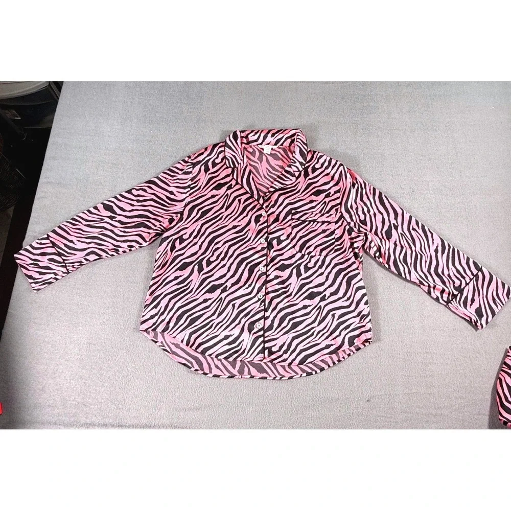 Victoria's Secret Zebra Print Pajama Set Pink Black Button Top Pants XL Comfort - Picture 2 of 12